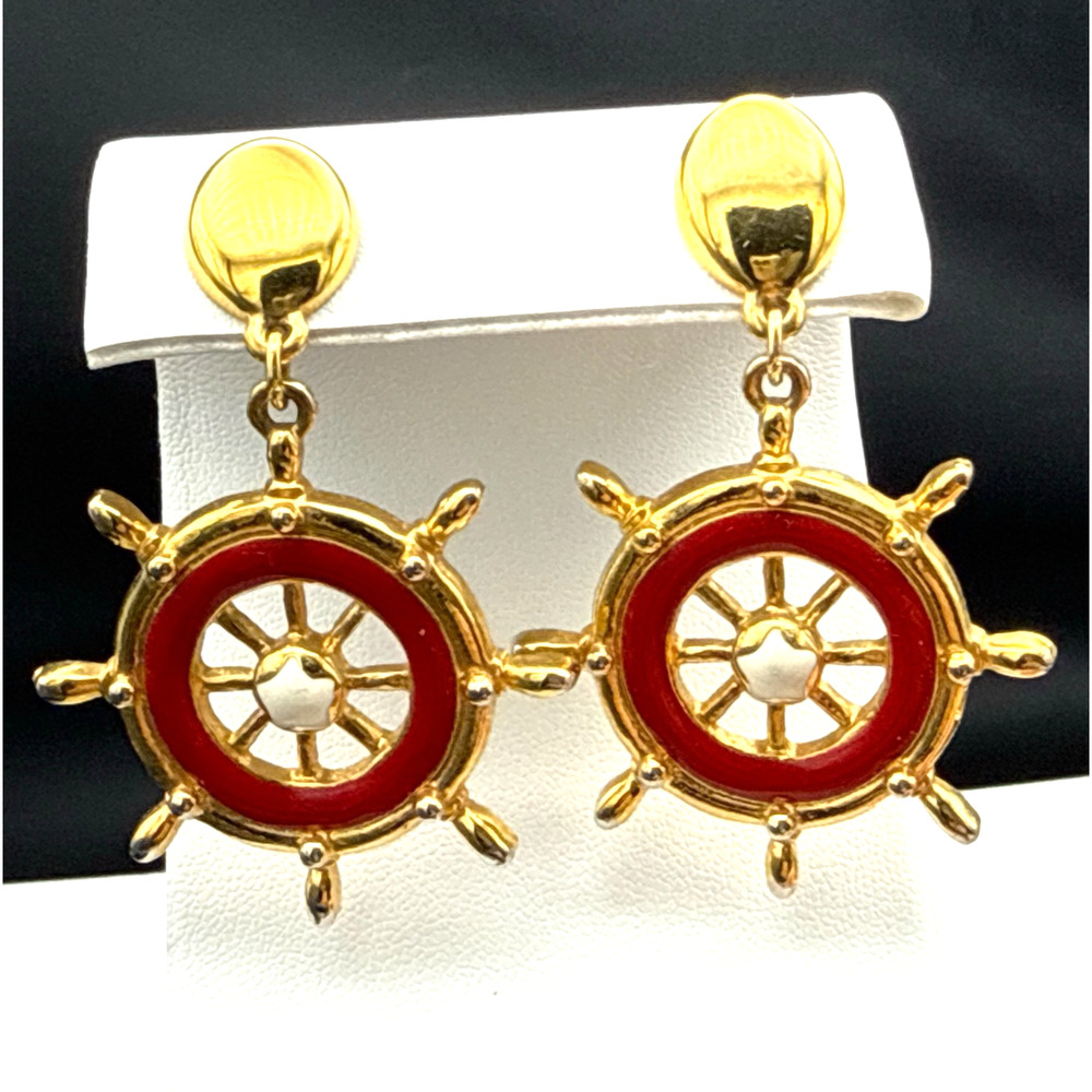 Vintage Avon Clip On Earrings Nautical Red White Enamel Gold Tone Ship Wheel 80s